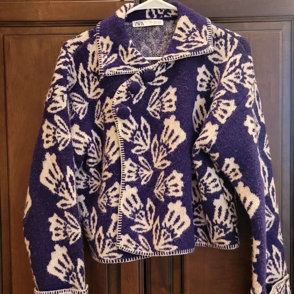 Zara jacquard cropped cardigan in blue and cream